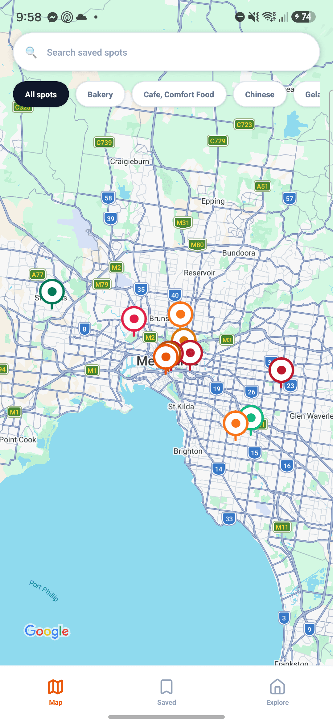 Peckish map with saved restaurant pins across Melbourne